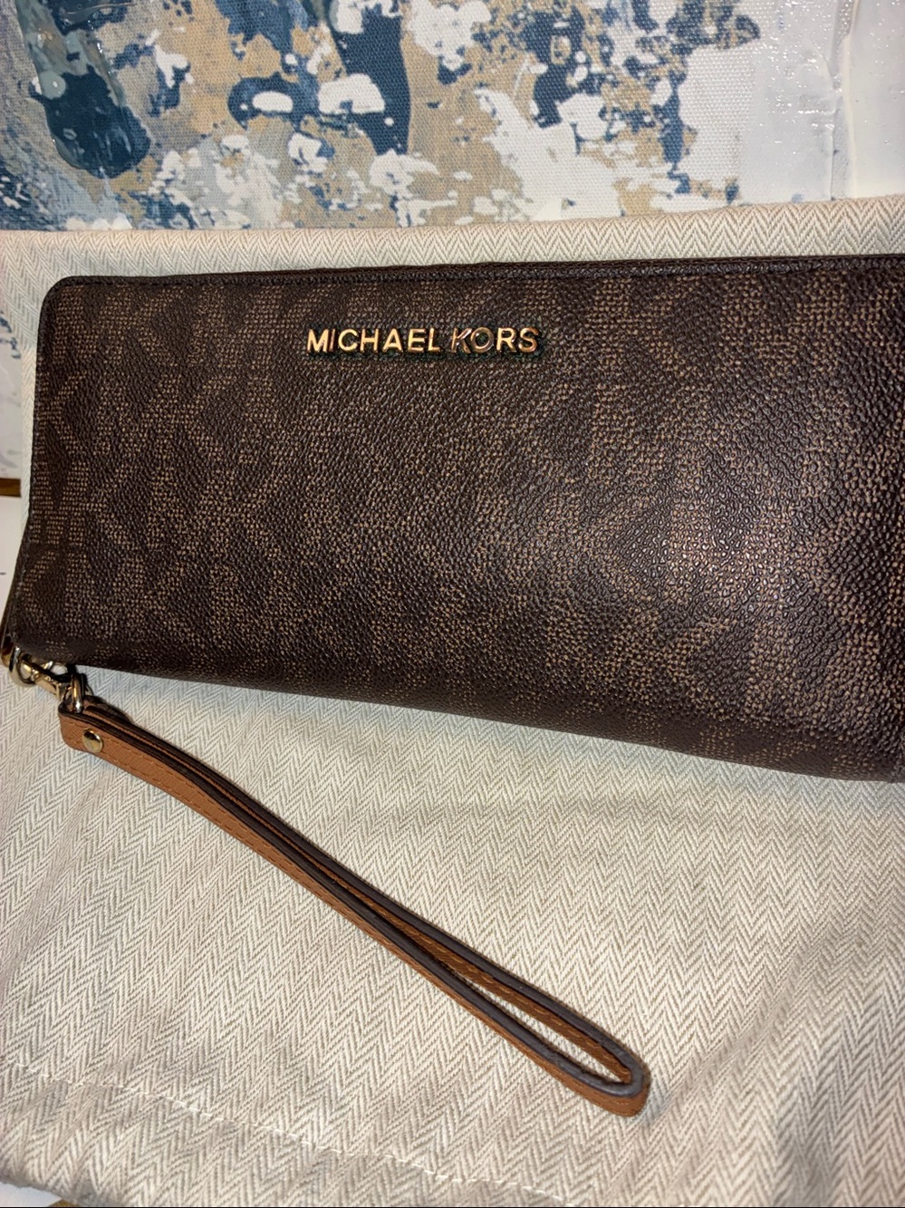 NWOT Michael Kors Dark Brown Logo Zip-Around Wristlet Wallet with Gold Hardware